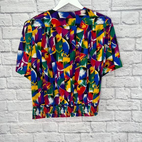 Vintage 90s Womens Short Sleeve Blouse Loud Print Size 11/12 Silky Abstract - Picture 6 of 7